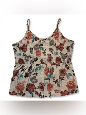 Floral Smocked Cami Tank Top Boho Cream Rust Teal Sleeveless Blouse Size 2X